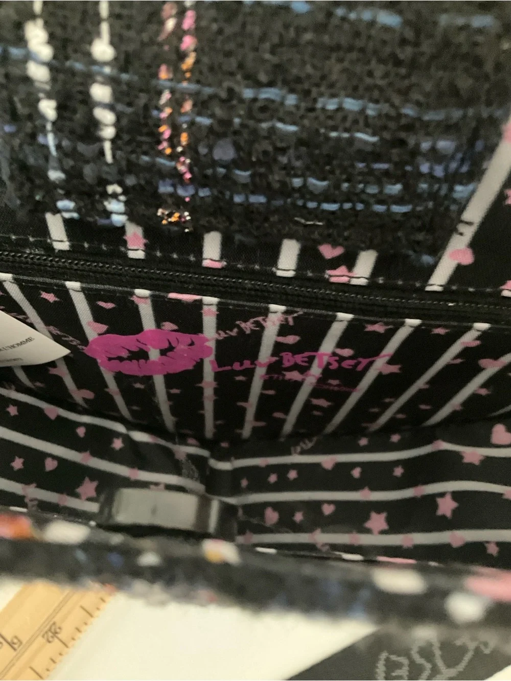 Betsey Johnson Black Tweed Heart Crossbody with Blue & Pink Accents - Picture 5 of 11